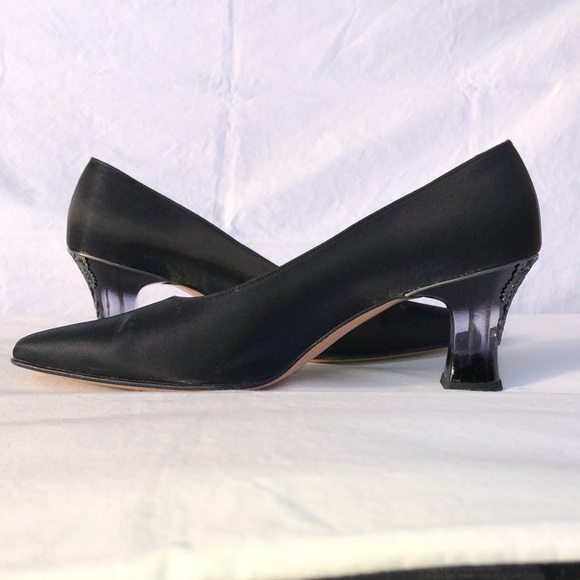 Salvatore Ferragamo “Boemia,” Black Silk Like Fabric, 2.75” Lucite Heel w/Lace - Picture 5 of 16